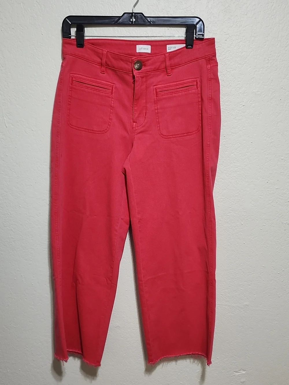 J. Jill Wide-Leg Cropped Denim Pants Red Coral Patch Pocket Sz 6R Fringe Hem